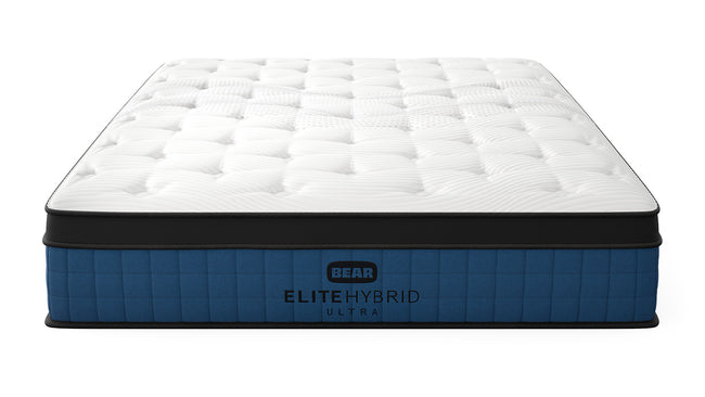 Bear Mattress Elite Ultra Hybrid angled product view showing quilted pillow top and navy blue base for The Mattress Shop, showcasing product thumbnail image for Bear Elite Ultra Hybrid on the product page.