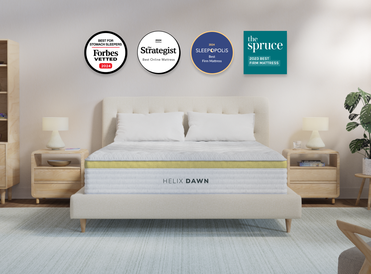 A rendered image of the Helix Dawn mattress in a bedroom scene. for The Mattress Shop, showcasing product image for Helix Dawn on the product page.