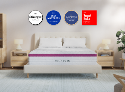 A rendered image of the Helix Dusk mattress in a bedroom scene.