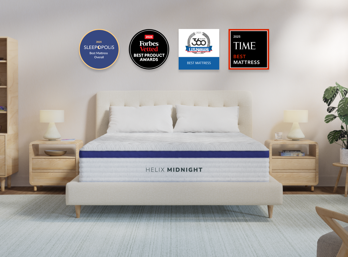A rendered image of the Helix Midnight mattress in a bedroom scene. for The Mattress Shop, showcasing collection image for Compare Mattresses on the list-collections page.