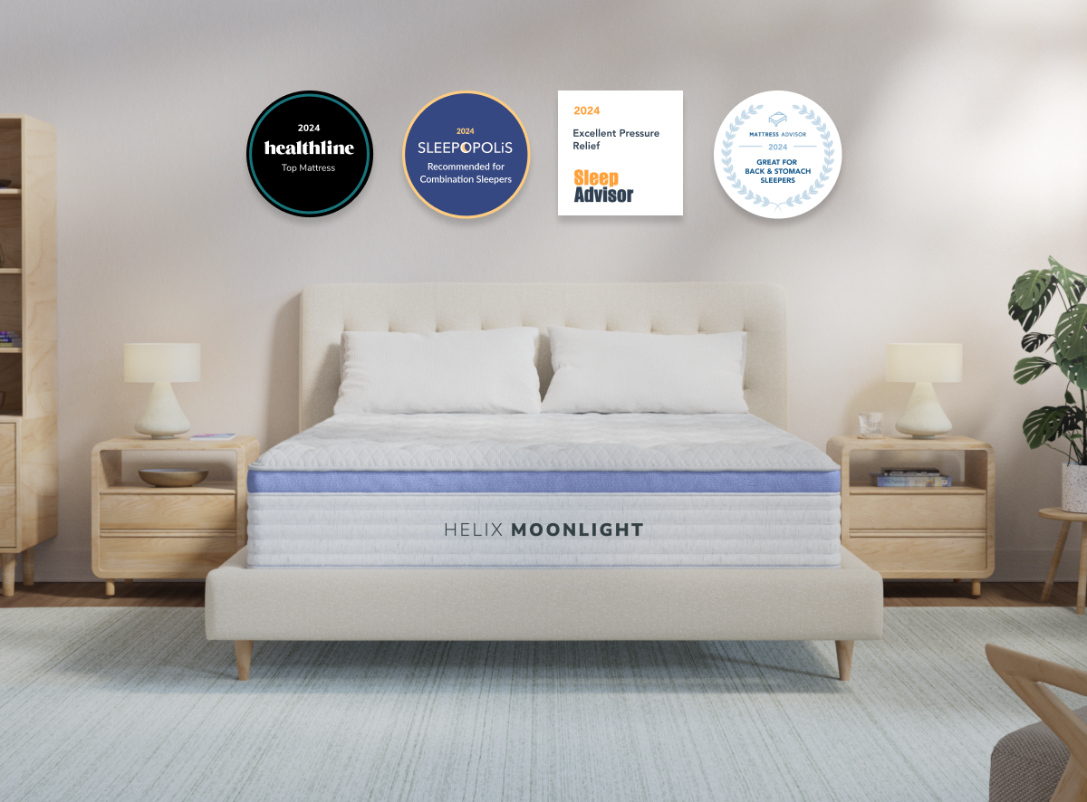 A rendered image of the Helix Moonlight mattress in a bedroom scene. for The Mattress Shop, showcasing product image for Helix Moonlight on the product page.