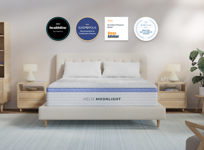 A rendered image of the Helix Moonlight mattress in a bedroom scene.