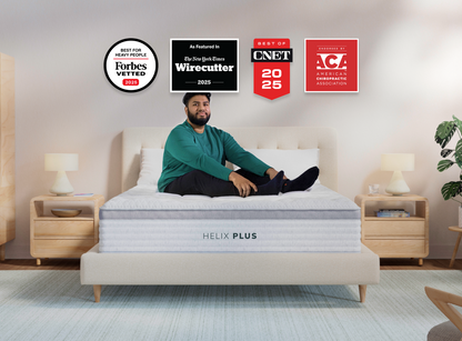A rendered image of the Helix Plus mattress in a bedroom scene.