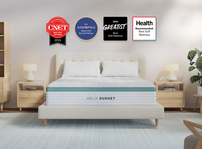 A rendered image of the Helix Sunset mattress in a bedroom scene.