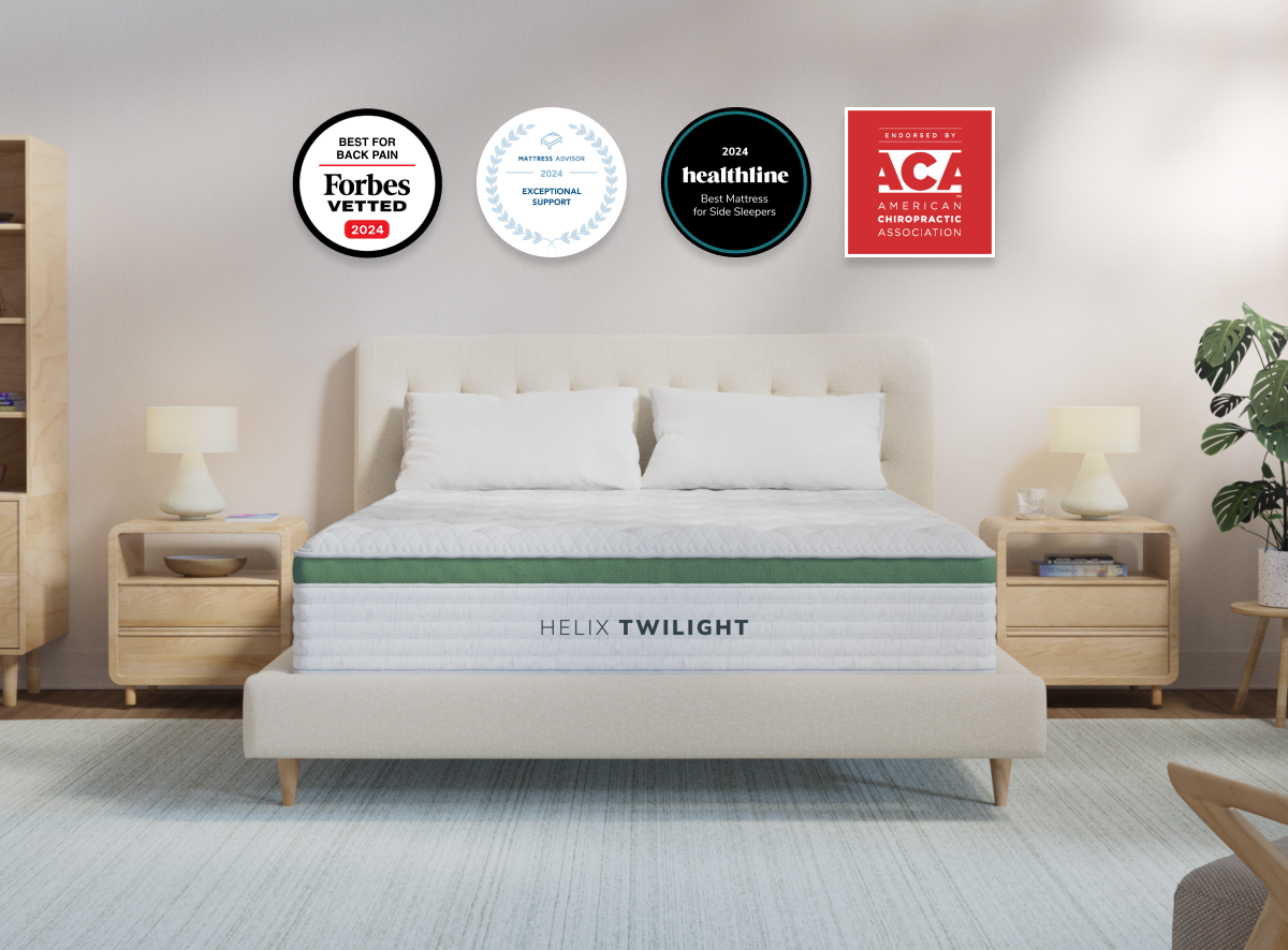 A rendered image of the Helix Twilight mattress in a bedroom scene. for The Mattress Shop, showcasing product image for Helix Twilight on the product page.