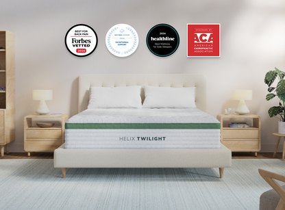 A rendered image of the Helix Twilight mattress in a bedroom scene.