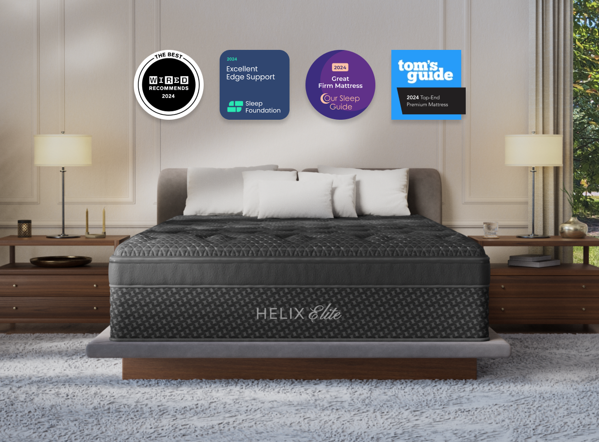 A rendered image of the Dawn Elite mattress in a bedroom scene. for The Mattress Shop, showcasing product image for Helix Dawn Elite on the product page.
