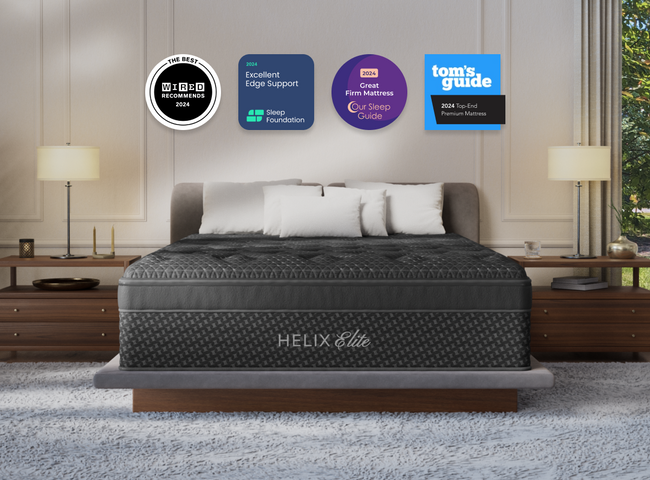 A rendered image of the Dawn Elite mattress in a bedroom scene. for The Mattress Shop, showcasing product thumbnail image for Helix Dawn Elite on the product page.