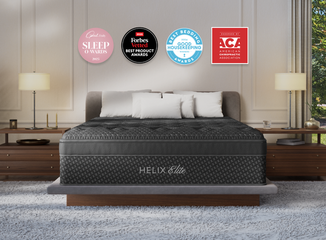A rendered image of the Midnight Elite mattress in a bedroom scene. for The Mattress Shop, showcasing product image Helix Midnight Elite on the page: Best Luxury Mattresses page.