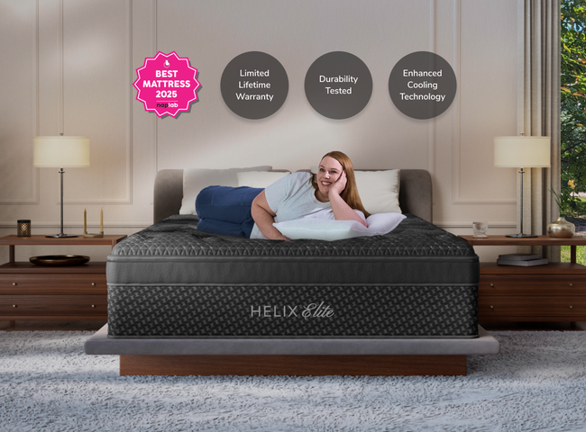 A rendered image of the Plus Elite mattress in a bedroom scene. for The Mattress Shop, showcasing product thumbnail image for Helix Plus Elite on the product page.