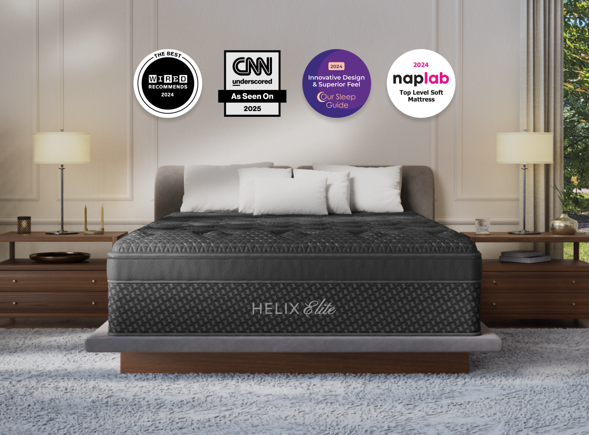 A rendered image of the Sunset Elite mattress in a bedroom scene. for The Mattress Shop, showcasing product image for Helix Sunset Elite on the product page.