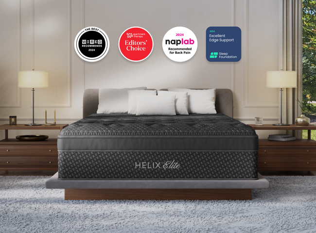 A rendered image of the Twilight Elite mattress in a bedroom scene. for The Mattress Shop, showcasing product thumbnail image for Helix Twilight Elite on the product page.