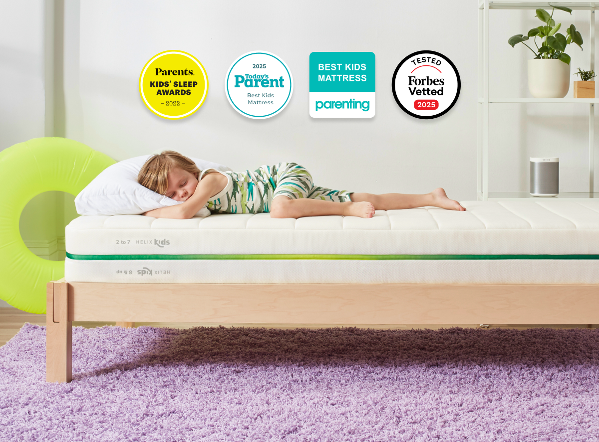 A rendered image of the Helix Kids mattress in a bedroom scene. for The Mattress Shop, showcasing product image for Helix Kids on the product page.