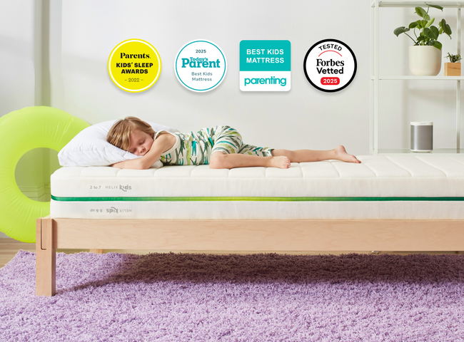 A rendered image of the Helix Kids mattress in a bedroom scene. for The Mattress Shop, showcasing product thumbnail image for Helix Kids on the product page.