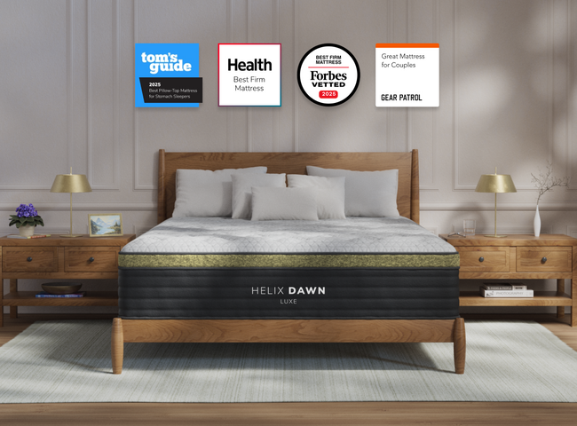 A rendered image of the Dawn Luxe mattress in a bedroom scene. for The Mattress Shop, showcasing product thumbnail image for Helix Dawn Luxe on the product page.