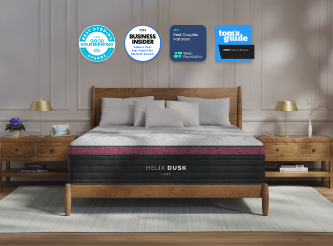 A rendered image of the Dusk Luxe mattress in a bedroom scene. for The Mattress Shop, showcasing product image Helix Dusk Luxe on the page: Best Mattresses For Back Sleepers - List Prominent CTA page.