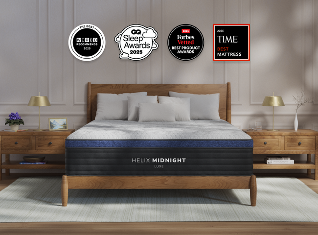 A rendered image of the Midnight Luxe mattress in a bedroom scene. for The Mattress Shop, showcasing product image Helix Midnight Luxe on the page: Best Luxury Mattresses page.