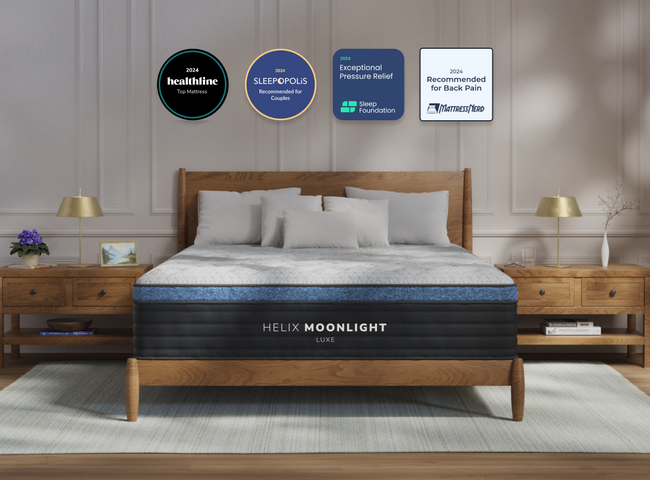 A rendered image of the Moonlight Luxe mattress in a bedroom scene. for The Mattress Shop, showcasing product thumbnail image for Helix Moonlight Luxe on the product page.