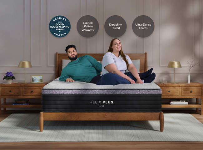 A rendered image of the Plus Luxe mattress in a bedroom scene. for The Mattress Shop, showcasing product image Helix Plus Luxe on the page: Best Mattresses for Heavy Sleepers page.