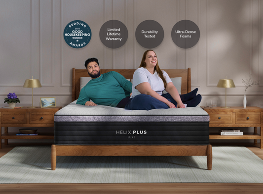 A rendered image of the Plus Luxe mattress in a bedroom scene. 