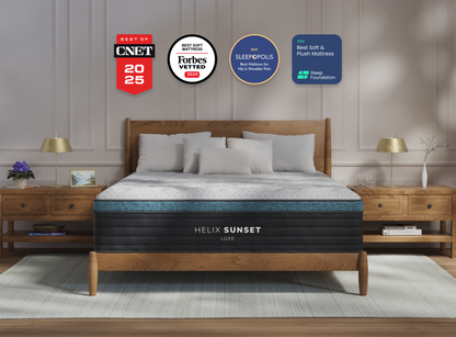 A rendered image of the Sunset Luxe mattress in a bedroom scene.