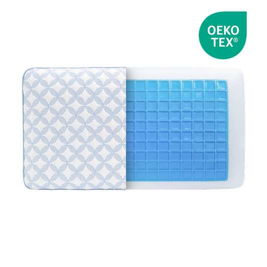 luxury cooling pillow product cutaway showing blue cooling grid for The Mattress Shop, showcasing product image for Luxury Cooling Gel Memory Foam Pillow on the collection page.