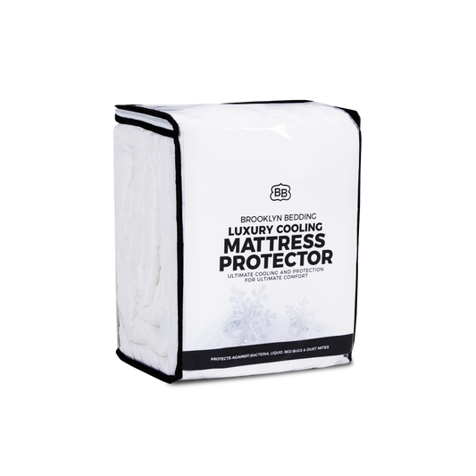 Brooklyn Bedding luxury cooling mattress protector packaging for The Mattress Shop, showcasing product image for Luxury Cooling Mattress Protector on the collection page.