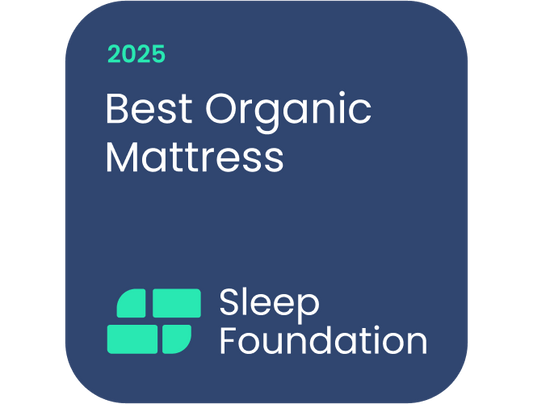 Badge indicating 'Best Organic Mattress' by Sleep Foundation with a blue background