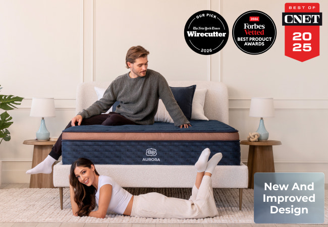 Brooklyn Bedding Aurora mattress new and improved design, Wirecutter our pick, Forbes Vetted best product, CNET best of 2025. for The Mattress Shop, showcasing product image Brooklyn Bedding Aurora Luxe Cooling on the page: Best Hybrid Mattresses page.