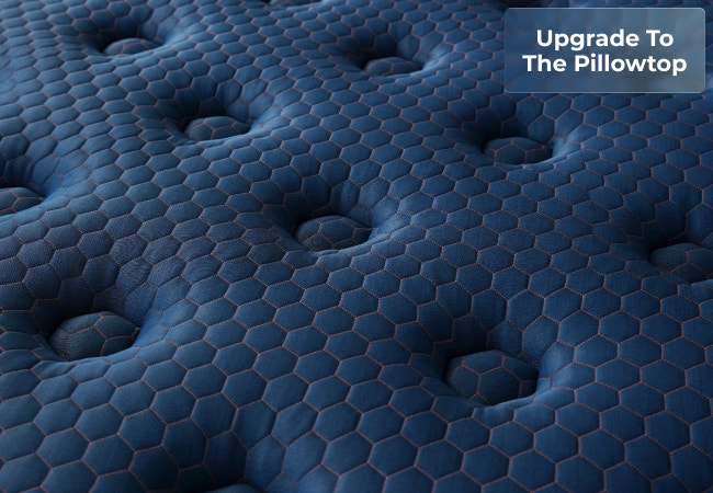 Brooklyn Bedding Aurora mattress navy blue hexagon tufted surface close-up, upgrade to the pillowtop. for The Mattress Shop, showcasing product image Brooklyn Bedding Aurora Luxe Cooling on the page: Best Hybrid Mattresses page.