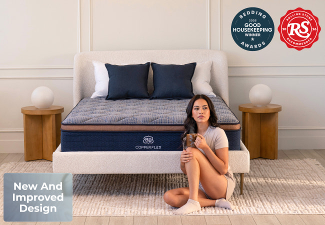 Brooklyn Bedding CopperFlex mattress, 2026 Good Housekeeping Bedding Award winner, new and improved design, Rolling Stone recommended for The Mattress Shop, showcasing product image Brooklyn Bedding CopperFlex® on the page: Best Hybrid Mattresses - Quiz Prominent CTA page.