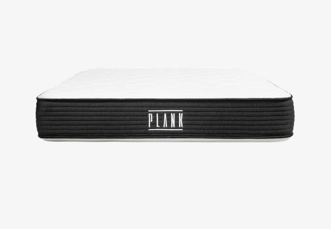 Brooklyn Bedding Plank firm mattress front product view with black ribbed sides and white sleep surface for The Mattress Shop, showcasing product thumbnail image for Brooklyn Bedding Plank Firm on the product page.