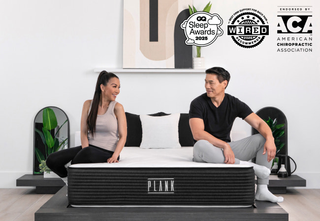 plank luxe lifestyle with award badges for The Mattress Shop, showcasing product image Brooklyn Bedding Plank Firm Luxe on the page: Best Hybrid Mattresses page.