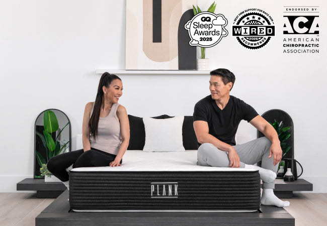 plank luxe lifestyle with award badges for The Mattress Shop, showcasing product image for Brooklyn Bedding Plank Firm Luxe on the product page.