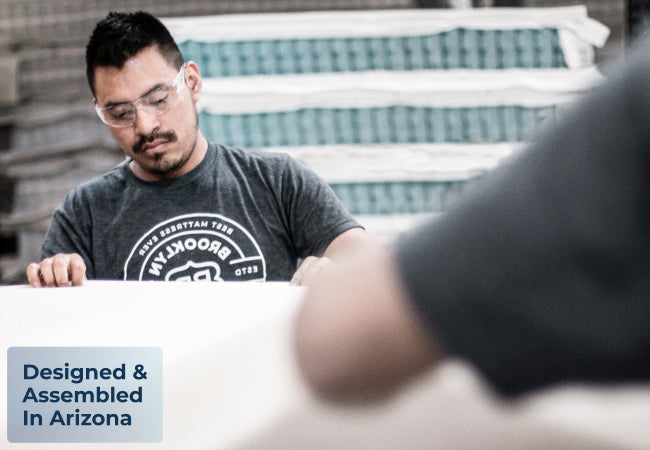 brooklyn bedding factory workers assembling mattress for The Mattress Shop, showcasing product image for Brooklyn Bedding Plank Firm Luxe on the product page.