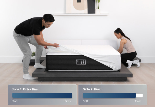 plank luxe lifestyle image with firmness scale showing firm and extra firm for The Mattress Shop, showcasing product image Brooklyn Bedding Plank Firm Luxe on the page: Best Hybrid Mattresses page.