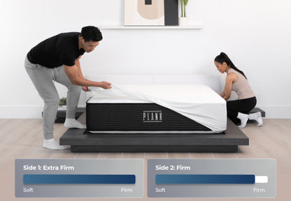 plank luxe lifestyle image with firmness scale showing firm and extra firm