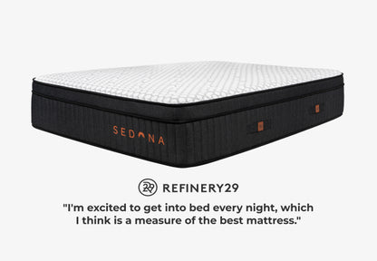 Brooklyn Bedding Sedona mattress angled view with black ribbed sides, white pillow top, Refinery29 recommended