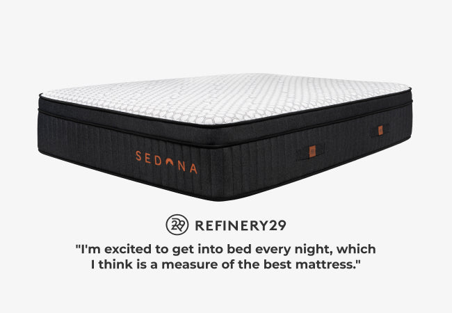 Brooklyn Bedding Sedona mattress angled view with black ribbed sides, white pillow top, Refinery29 recommended