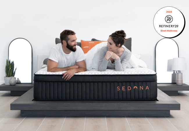 Brooklyn Bedding Sedona Elite Mattress lifestyle image with award badge. for The Mattress Shop, showcasing product image Brooklyn Bedding Sedona Elite on the page: Best Hybrid Mattresses page.