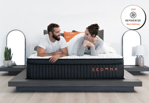 Brooklyn Bedding Sedona Elite Mattress lifestyle image with award badge. for The Mattress Shop, showcasing product image Brooklyn Bedding Sedona Elite on the page: Sale Landing page.