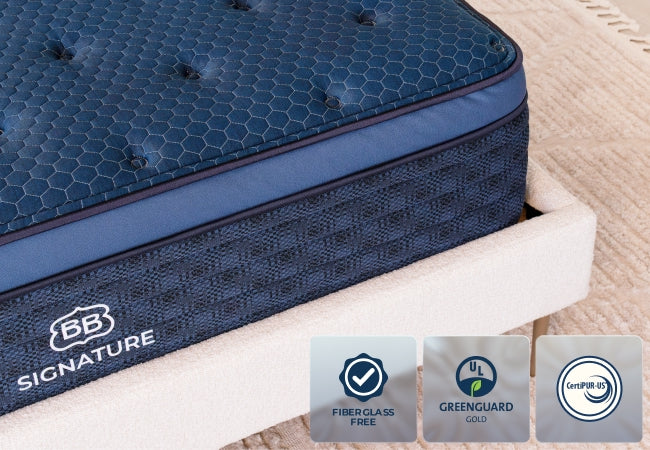 Brooklyn Bedding Signature mattress fiberglass free, GREENGUARD Gold, and CertiPUR-US certified. for The Mattress Shop, showcasing product image for Brooklyn Bedding Signature Hybrid on the product page.