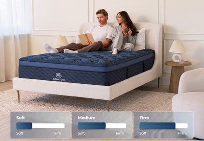 Brooklyn Bedding Signature mattress available in soft, medium, and firm, couple relaxing on bed.