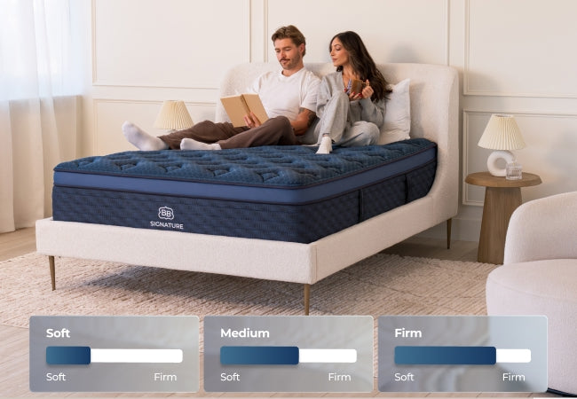 Brooklyn Bedding Signature mattress available in soft, medium, and firm, couple relaxing on bed. for The Mattress Shop, showcasing product thumbnail image for Brooklyn Bedding Signature Hybrid on the product page.