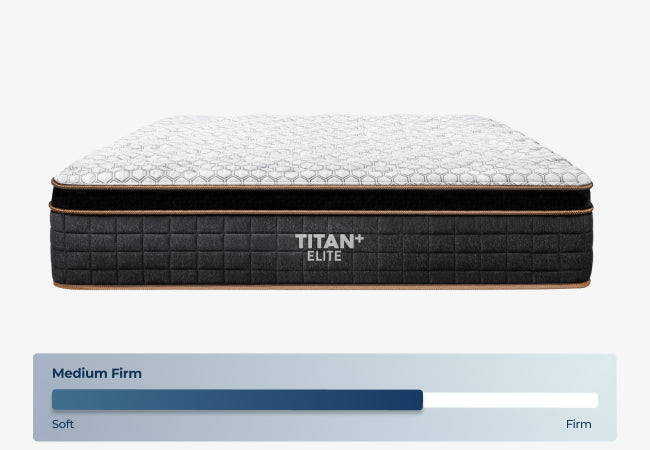 Brooklyn Bedding Titan Plus Elite mattress medium firm comfort level shown on firmness scale soft to firm for The Mattress Shop, showcasing product image for Brooklyn Bedding Titan® Plus Elite on the product page.