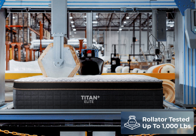 Brooklyn Bedding Titan Plus Elite mattress rollator tested up to 1,000 lbs, durability testing in factory for The Mattress Shop, showcasing product thumbnail image for Brooklyn Bedding Titan® Plus Elite on the product page.