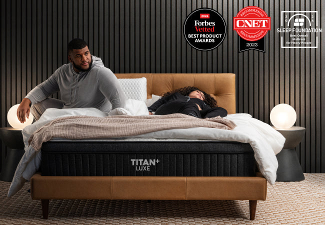 Brooklyn Bedding Titan Plus Luxe mattress, Forbes Vetted best product, CNET recommended, Sleep Foundation best for heavy people. for The Mattress Shop, showcasing Best Mattresses For Back Sleepers on the collection page.