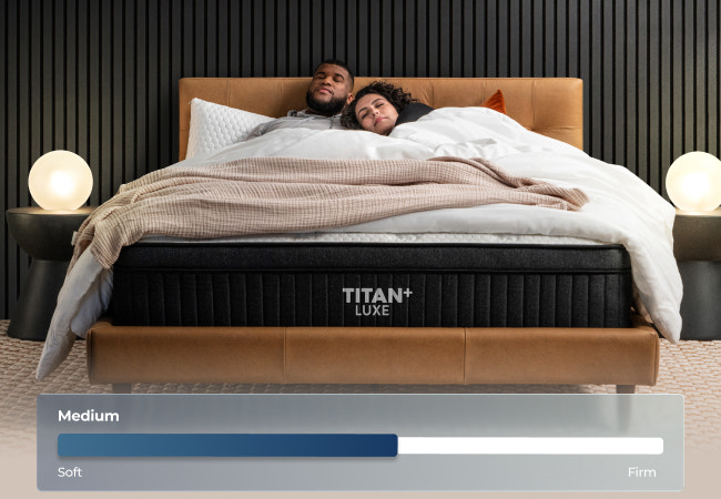 Brooklyn Bedding Titan Plus Luxe mattress medium firmness, couple lying together in modern bedroom. for The Mattress Shop, showcasing product image Brooklyn Bedding Titan® Plus Luxe on the page: Best Hybrid Mattresses page.