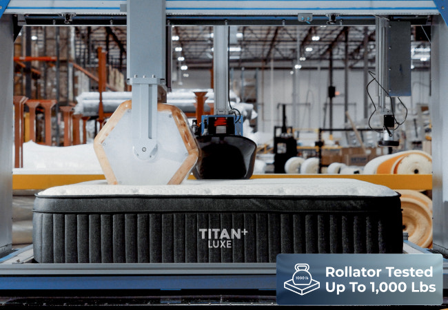 Brooklyn Bedding Titan Plus Luxe mattress rollator tested up to 1,000 lbs, durability testing in factory. for The Mattress Shop, showcasing product image Brooklyn Bedding Titan® Plus Luxe on the page: Best Hybrid Mattresses page.