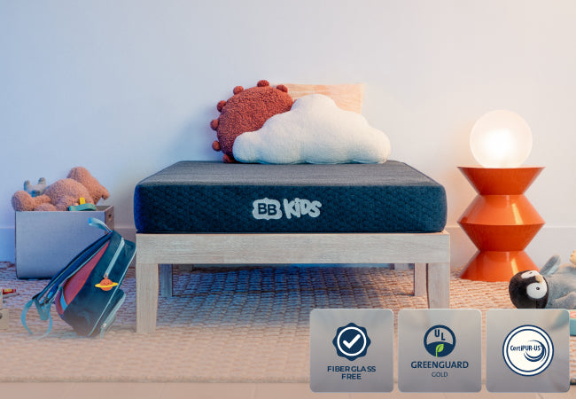 Brooklyn Bedding BB Kids mattress fiberglass free, GREENGUARD Gold, and CertiPUR-US certified in kids bedroom. for The Mattress Shop, showcasing product thumbnail image for Brooklyn Bedding BB Kids on the product page.